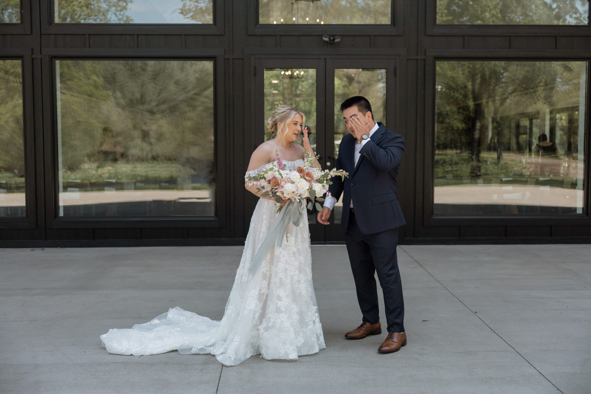 Lapointe Events Venue, real wedding shot by Jenna Swanson Photography
Bride & groom exchanging their first look, tears