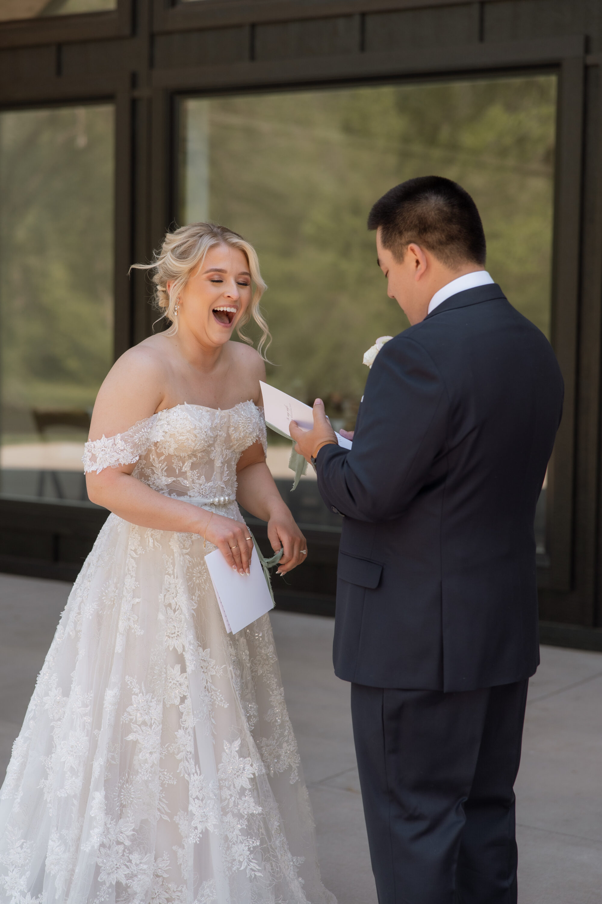 Lapointe Events Venue, real wedding shot by Jenna Swanson Photography
Bride & groom exchanging their first look