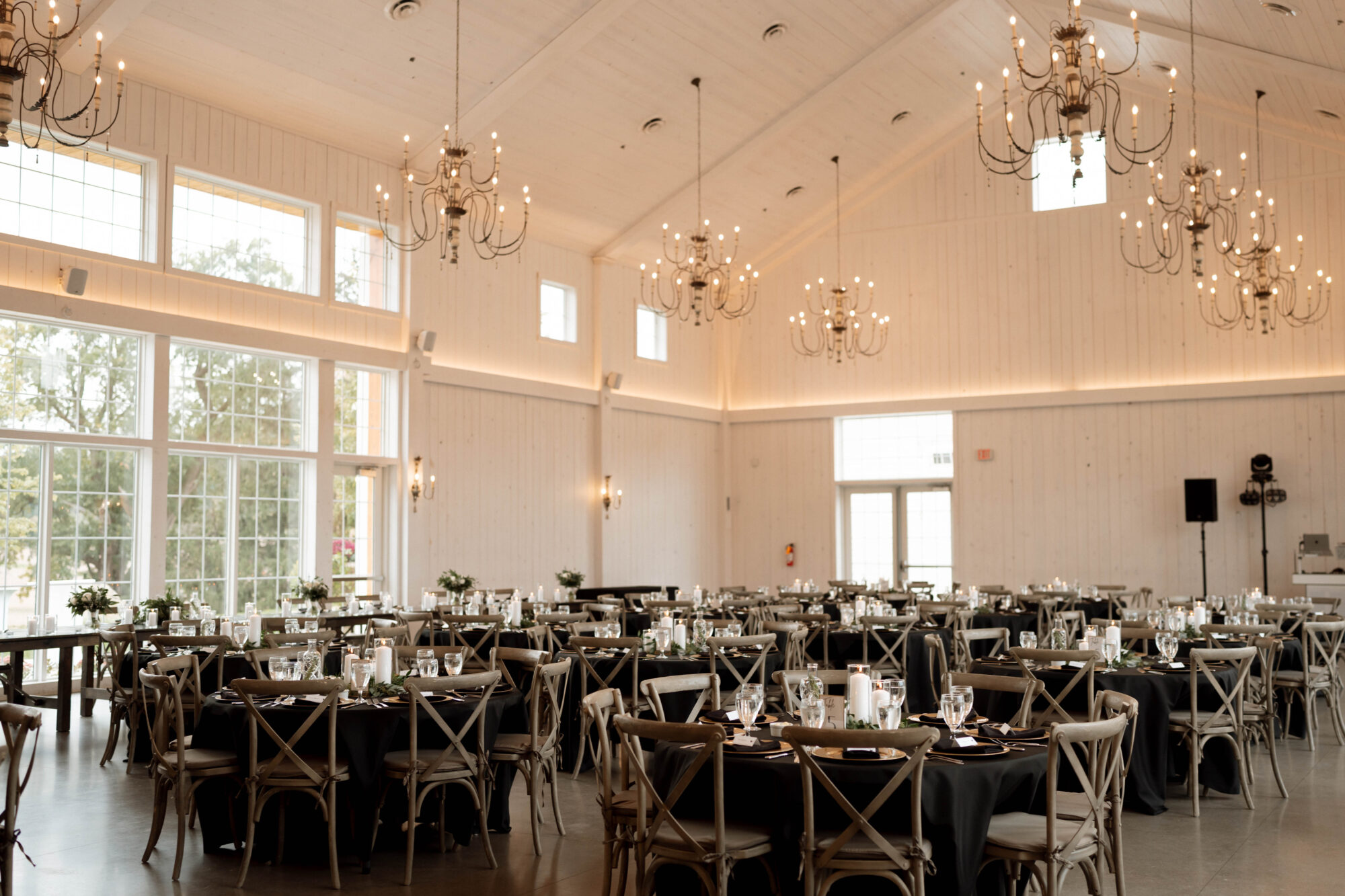 Wide shot of reception space set at Willow Brooke Farm, in Red Wing, MN. 